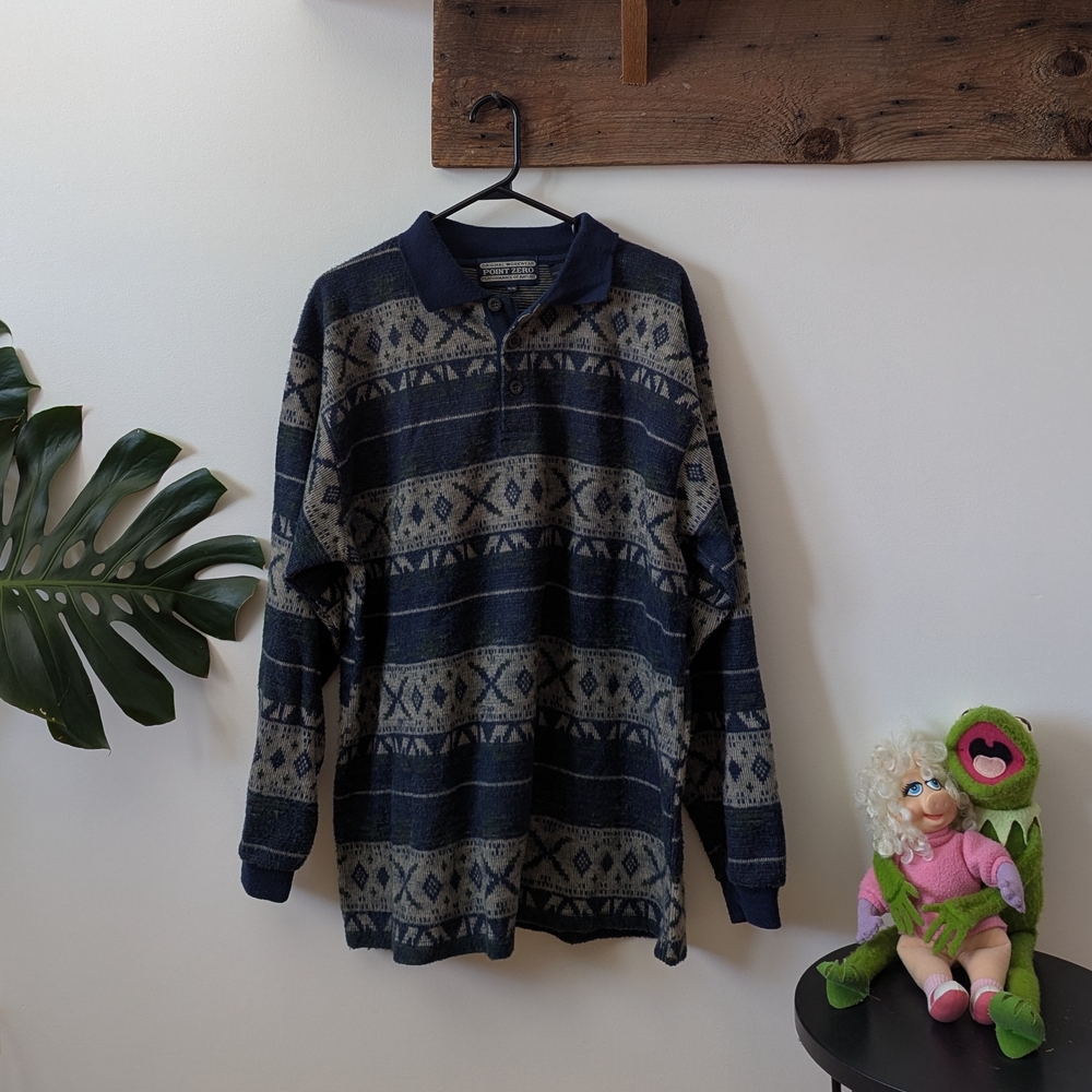 Vintage Navy and Beige Patterned Long Sleeve Polo Shirt